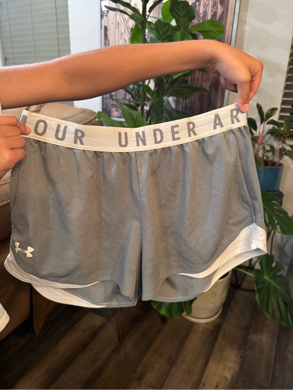 Under Armour Women’s Light Gray Athletic Shorts with White Trim
